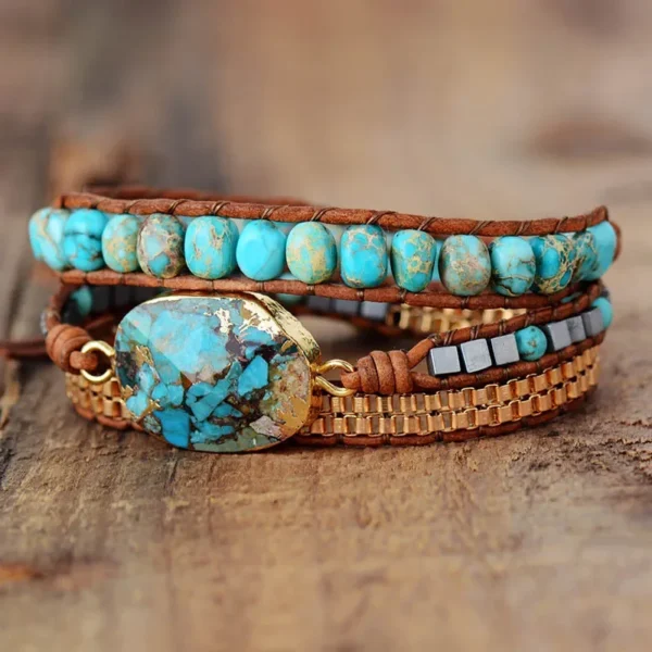 Bohemian cut corner turquoise bracelet for women ornament triple wound hand-woven leather rope bracelet - Image 5