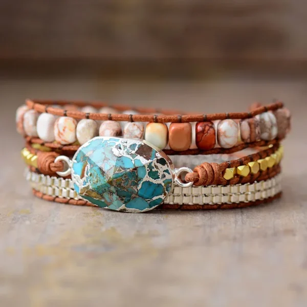 Bohemian cut corner turquoise bracelet for women ornament triple wound hand-woven leather rope bracelet - Image 4